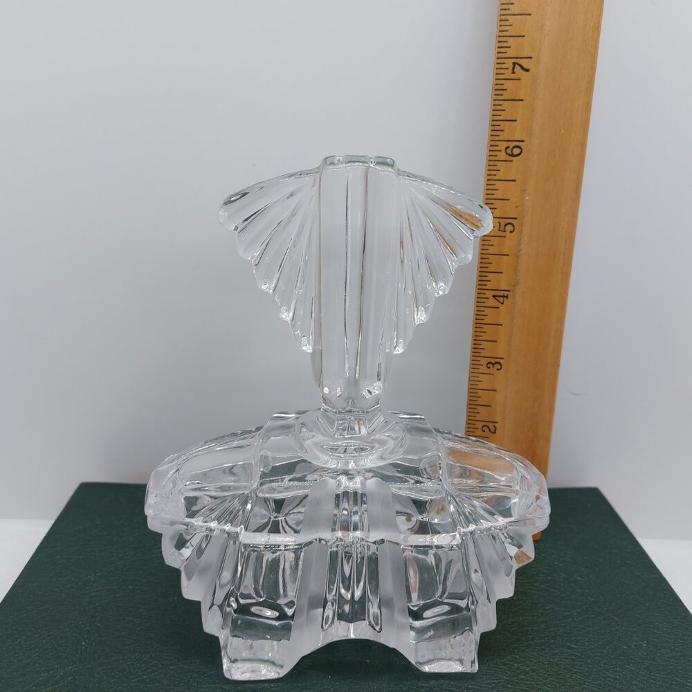 Vintage Art Glass Clear Glass Trinket Pot Fan Shape Lid Vanity Dressing Table - Picture 16 of 16